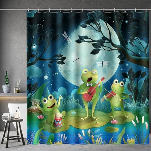 Aimego Funny Frog Shower Curtain - Cute Cartoon Frogs Dragonfly Lotus Leaf Floral Pond Wildflower Moon Fun Bath Shower Curtain Set with 12 Hooks for Kids Adults Bathroom Decor Accessories,72"x72"