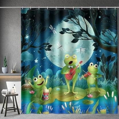 Aimego Funny Frog Shower Curtain - Cute Cartoon Frogs Dragonfly Lotus Leaf Floral Pond Wildflower Moon Fun Bath Shower Curtain Set with 12 Hooks for Kids Adults Bathroom Decor Accessories,72"x72"