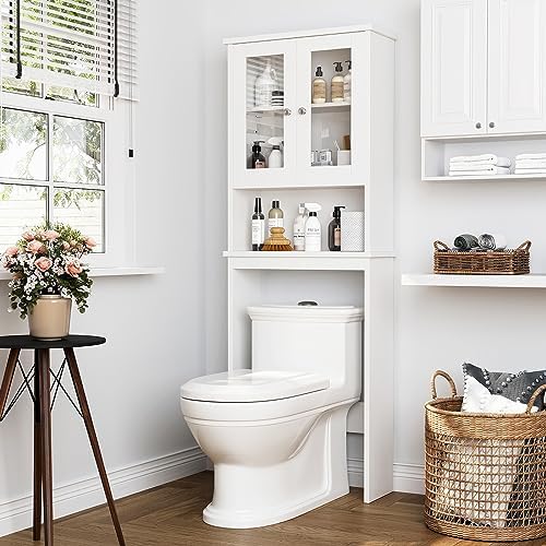 Over The Toilet Storage Cabinet for Bathroom, Storage Organizer Over Toilet, Space Saver with Tempered Glass Doors, White