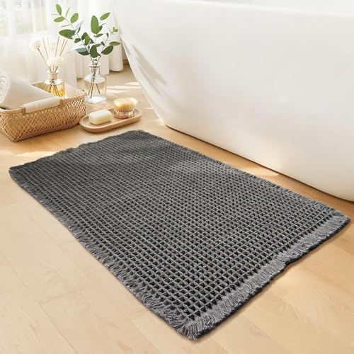 Waffle Bath Mat, Boho Bathroom Rugs Non Slip Washable, 18" x 30"