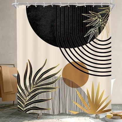 Mid Century Black Gold Boho Abstract Modern Bathroom Shower Curtain Set