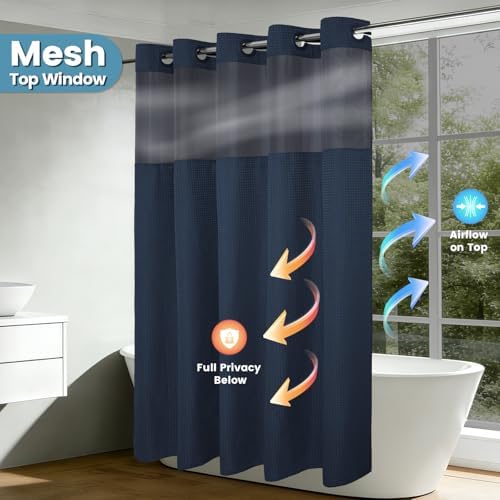 EUTXL Heavyweight No Hook Shower Curtain with Liner, Navy Blue, 54x80