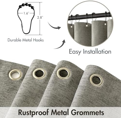 MIULEE Linen Fabric Shower Curtain Grey W72*L72 12 Metal Hooks