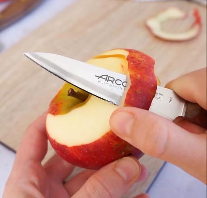 Arcos Paring Knife 4 Inch Stainless Steel. Professional Kitchen Knife for Peeling Fruits and Vegetables. Ovengkol Wood Handle 100% natural FSC and 100mm Blade. Series Nordika. Color Brown