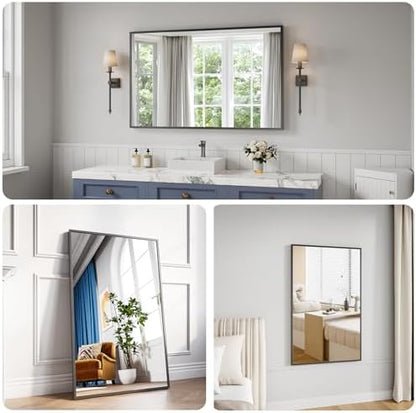 Koonmi Bathroom Mirror for Wall, 30"x48" Black Bathroom Mirror for Over Sink, Shatterproof Tempered Glass Vanity Mirror with Anti-Rust Aluminum Alloy Frame, Hang Horizontally or Vertically
