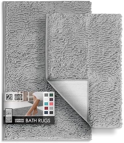 Hearth & Harbor Bathroom Rugs, Chenille Bath Mat - Machine Washable Bath Mats for Bathroom Non-Slip Backing Rubber, Quick Dry Bathroom Mat