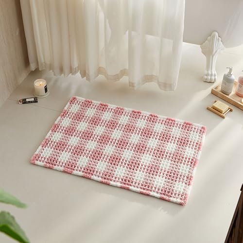 TYUU Waffle Bath Mat, Small Cute Bathroom Rug Non Slip, 24x16 Pink & White