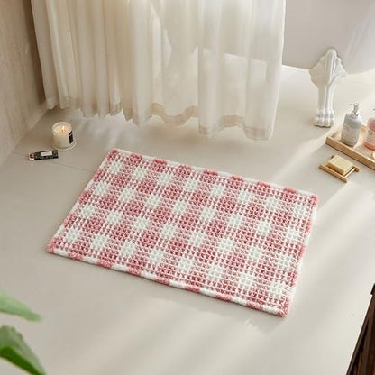 TYUU Waffle Bath Mat, Small Cute Bathroom Rug Non Slip, 24x16 Pink & White