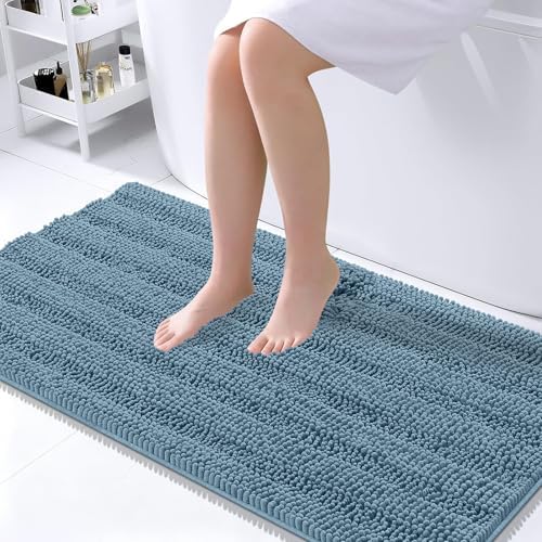 OLANLY Thick Large Bathroom Rugs 45x27, Soft Chenille Bath Rugs, Airy Blue