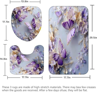 Chrainy 4pcs Purple Butterfly Shower Cutain Set Bathroom Decor with Rugs