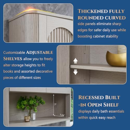 Bathroom Fluted Arched Wall Cabinet, 23.6''W Medicine Cabinet, Light Grey