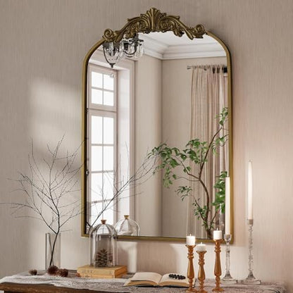 Dewfig Vintage Arched Wall Mirror, 36"x24" Antique Bronze Bathroom Mirror