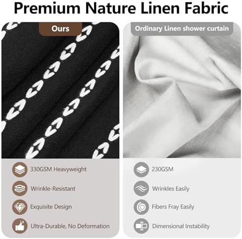 Seenus 72 x 76 inch Extra Long Boho Chic Shower Curtain Heavyweight with Tassels, Soft Linen Textured Fabric Farmhouse Shower Curtain, Elegant Black and White Striped Bathroom Curtain Water Repellent