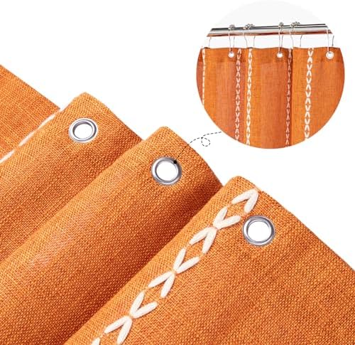 Farmhouse Tassel Linen Shower Curtain,3D Embroidery Stripe Orange,36x72