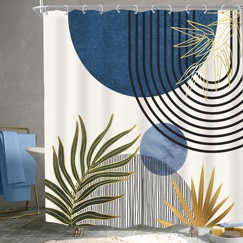Mid Century Blue Green Boho Abstract Modern Bathroom Shower Curtain Set