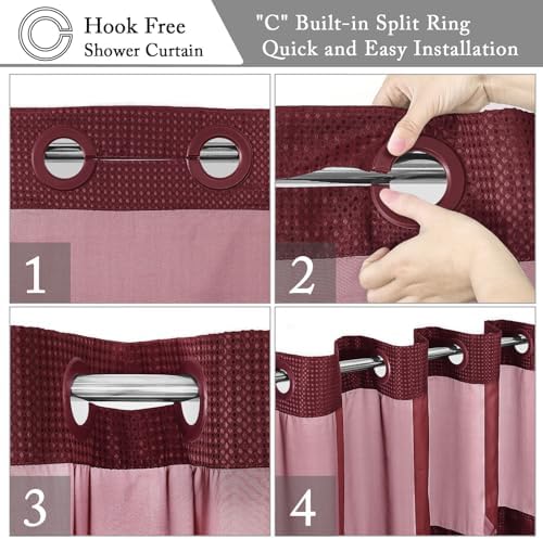 Gibelle No Hook Cloth Burgundy Shower Curtain with Liner, 72x74