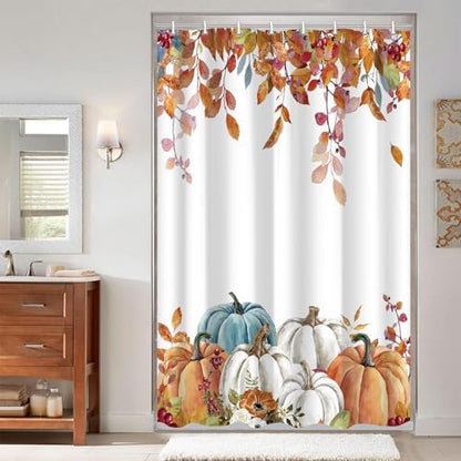 Fall Pumpkin Shower Curtain, Thanksgiving Autumn Maple Leaves Watercolor Floral Harvest Boho Bathroom Curtains with Hooks for Bathroom Bathtubs Decor, Waterproof Polyester Fabric 47x64