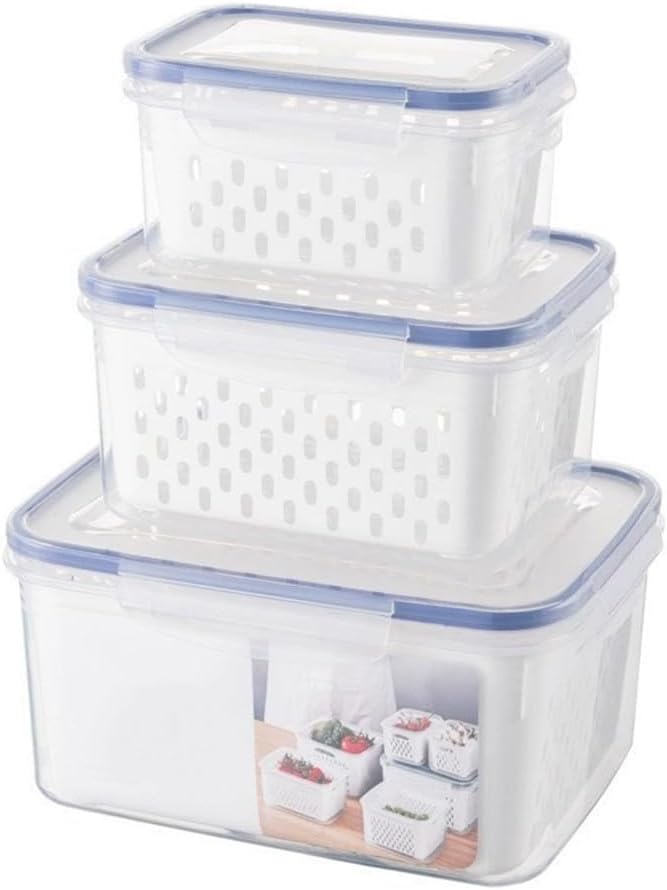 Multi-Functional Kitchen Sealed and Drainable Food Storage Container with Lid, 4 in 1 Produce Keeper with Basket, Freshness Preservation for Refrigerator or Pantry, 18x13x10cm and 22x16x12cm(S+M+L)