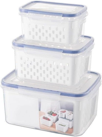 Multi-Functional Kitchen Sealed and Drainable Food Storage Container with Lid, 4 in 1 Produce Keeper with Basket, Freshness Preservation for Refrigerator or Pantry, 18x13x10cm and 22x16x12cm(S+M+L)