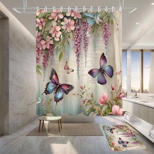 Chrainy 4pcs Spring Butterfly Shower Cutain Set Bathroom Decor with Rugs