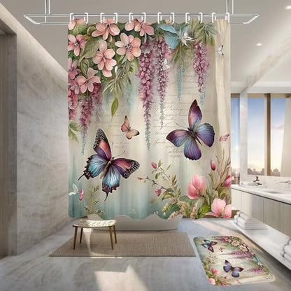 Chrainy 4pcs Spring Butterfly Shower Cutain Set Bathroom Decor with Rugs