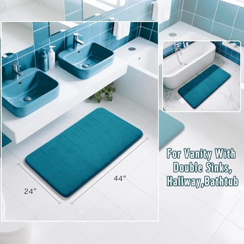 Yimobra Long Bath Mat 44"x24", Super Soft Quick Dry Memory Foam Bathroom Rug, Water Absorbent, Non Slip Backing Machine Washable for Tub Shower, Thick Comfort Support, Peacock Blue