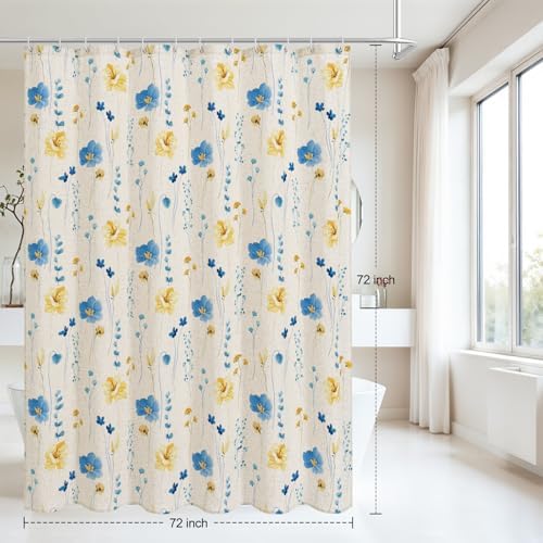 Gibelle BlueYellow Linen Watercolor Floral Fabric Shower Curtain, 72x72