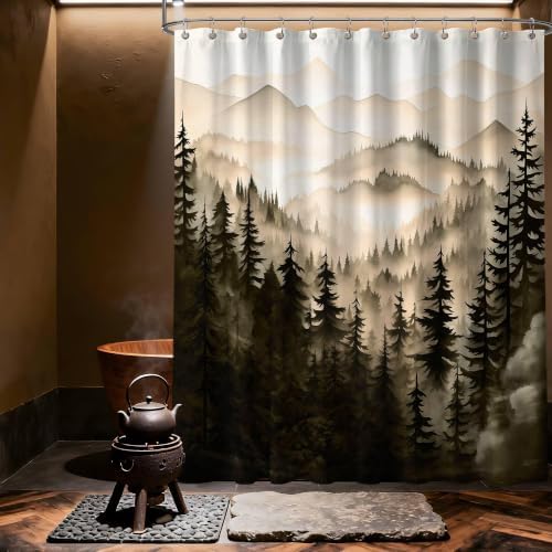Dark Brown Forest Extra Long Shower Curtain, Tall 72X84 in, Mountain