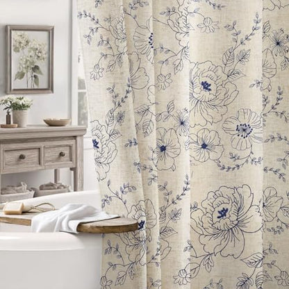 Farmhouse Floral Vintage Shower Curtain for Bathroom, Blue Embroidered