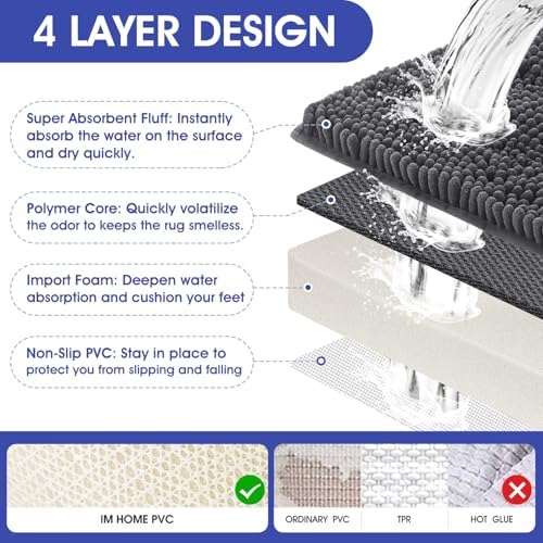 ACCUMTEK Striped Grey Bathroom Rug Mat 48"x17" Ultra Soft, Non Slip Chenille Bath Rugs, Absorbent Plush Shaggy Bath Mats for Bathroom, Bedroom, Kitchen, Shower, Tub,Dark Gray, Charcoal