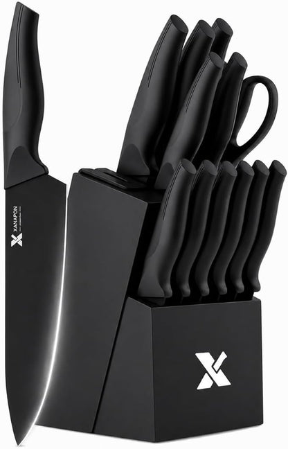 XANAPON Knife Set, 14 Pieces Kitchen Knife Set, High Carbon German Stainless Steel, Dishwasher Safe Cutlery with Built-in Knife Sharpener, Black