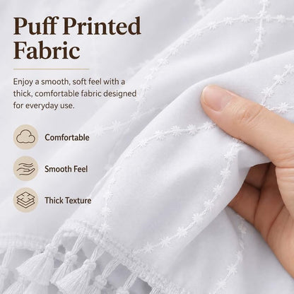 OVZME Extra Long White Shower Curtain 84 Inch Long, Puff Printed Textured Shower Curtain with Tassels, Tall Farmhouse Geometry Bathroom Curtain, Water Resistant Fabric, 72Wx84L Inches