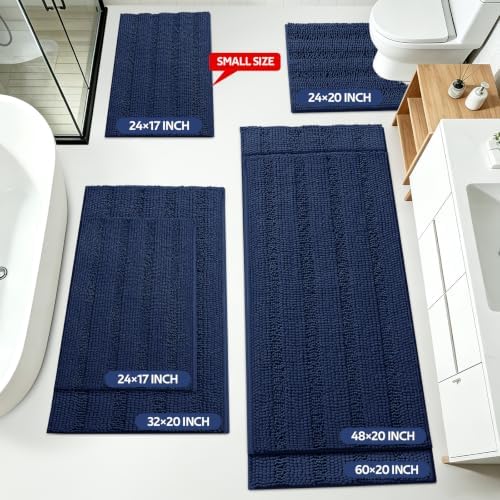 ACCUMTEK Striped Navy Blue Bathroom Rug Set 3 Pieces Ultra Soft, Non Slip Chenille Toilet Mat, Absorbent Plush Shaggy Bath Mats for Bathroom, Bedroom, Kitchen