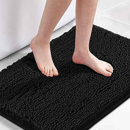 H.VERSAILTEX 20x32 Bath Mat Non-Slip Bathroom Rug Shag Shower Mat Machine-Washable Bath Mats with Water Absorbent Soft Microfibers Chenille Plush Rugs - Black