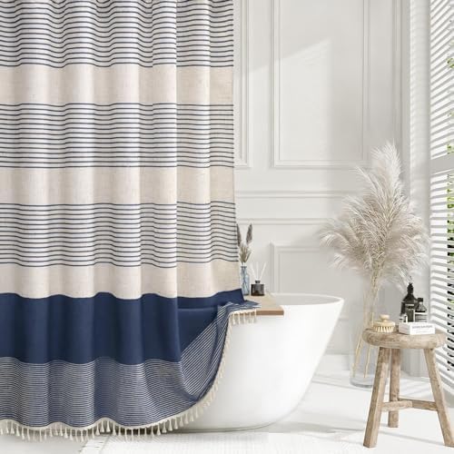 Navy Blue Coastal Ocean Linen Striped Shower Curtain with Tassel 72W X 78L