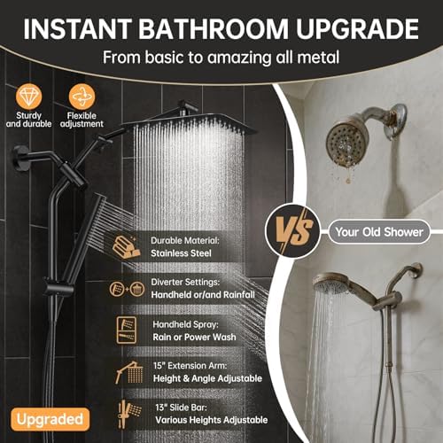 Veken All Metal 10" Luxurious Rain Shower Head with Handheld Spray,Square
