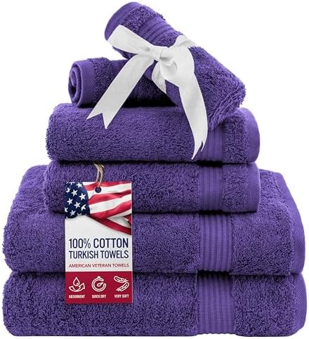 American Veteran Towel, 6 Piece Towel Set for Bathroom, 100% Cotton Turkish Bathroom Towels, 2 Bath Towels 2 Hand Towels 2 Washcloths, Purple