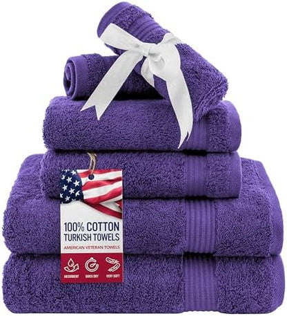 American Veteran Towel, 6 Piece Towel Set for Bathroom, 100% Cotton Turkish Bathroom Towels, 2 Bath Towels 2 Hand Towels 2 Washcloths, Purple