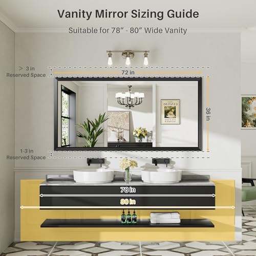Briivue Black Metal Framed Bathroom Wall Mirror, 72x36 Inch