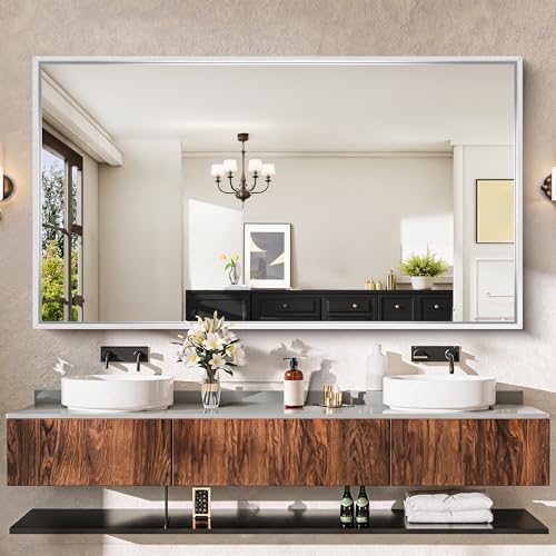 CIRCUMI 72"x40" Brushed Silver Bathroom Mirror, Double Sink Vanity Mirror