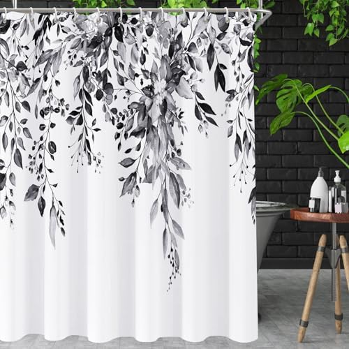 Shower Curtain Black and White Shower Curtains for Bathroom,Watercolor Leaf Shower Curtain Sets Waterproof Plant Eucalyptus Shower Curtain Leaves Bathroom Curtains 72x72 in with Hooks