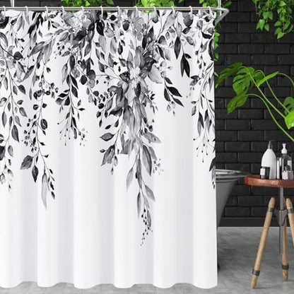 Shower Curtain Black and White Shower Curtains for Bathroom,Watercolor Leaf Shower Curtain Sets Waterproof Plant Eucalyptus Shower Curtain Leaves Bathroom Curtains 72x72 in with Hooks