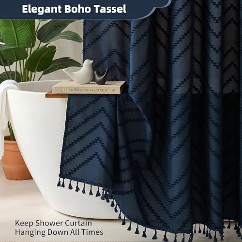 Siiluminisoy Extra Long Shower Curtains 72 x 84 Inches Tufted Chevron Navy Blue Shower Curtains Fabric for Bathroom Modern Shabby Chic Waterproof Cloth Shower Curtain
