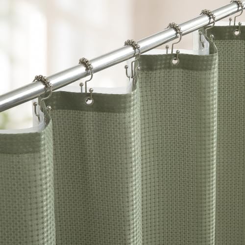 3 in 1 Shower Curtain Set, Waffle Shower Curtain and Liner Set with 12 Double Sided Shower Curtain Hooks, 72 x 84 Fabric Shower Curtains for Bathroom, Green