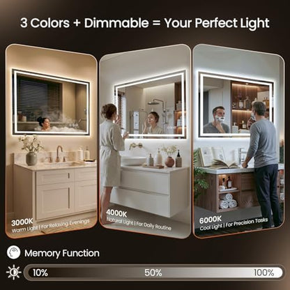 40"x30" LED Bathroom Mirror with Anti-Fog, Backlit & Front Lights, Memory