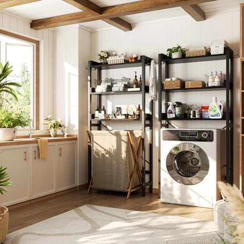 Besiost Over The Toilet Storage Rack - 3 Tier Bathroom Organizer with Shelves, Freestanding Space Saver Storage Rack Above Toilet Stand with 4 Hooks for Restroom, Laundry, Black