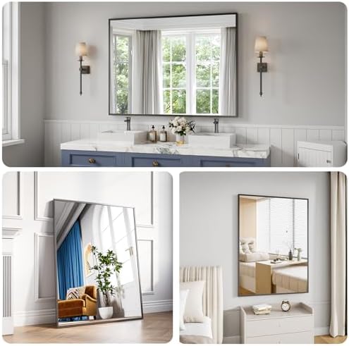 Bathroom Mirror 36"x48" Matte Black Rectangle Bathroom Wall Mirror for Over Sink, Modern Large Vanity Mirror, HD Tempered Glass, Anti-Rust Aluminum Alloy Frame, for Living Room, Bedroom, Entryway