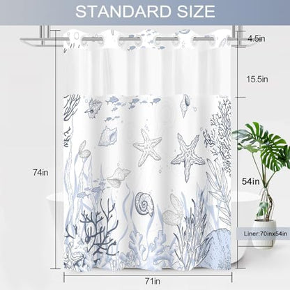 No Hook Shower Curtain and Liner Set, Grey Beach Coastal 71x74
