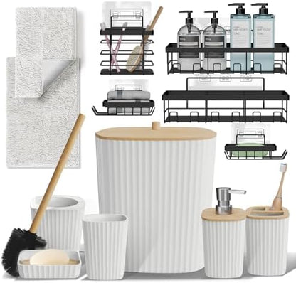 Clara Clark Bathroom Set - White Bathroom Accessories Set, 6PC Bathroom Accessory Set, Bathroom Sets with Bathroom Rugs, Adhesive Corner Shower Caddy Hanging, Toilet Brush, Trash Can & Soap Dispenser