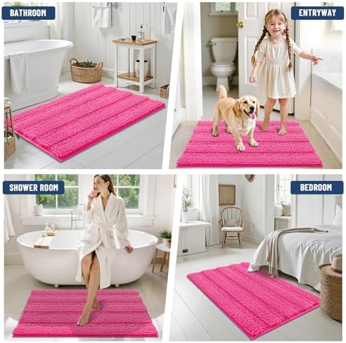 Grandaily Chenille Striped Bathroom Rugs 24x16, Extra Thick and Absorbent Bath Mats, Non-Slip Soft Plush Shaggy Shower Carpet, Machine Wash Dry, Bath Rug for Bathroom, (Small, Deep Pink)